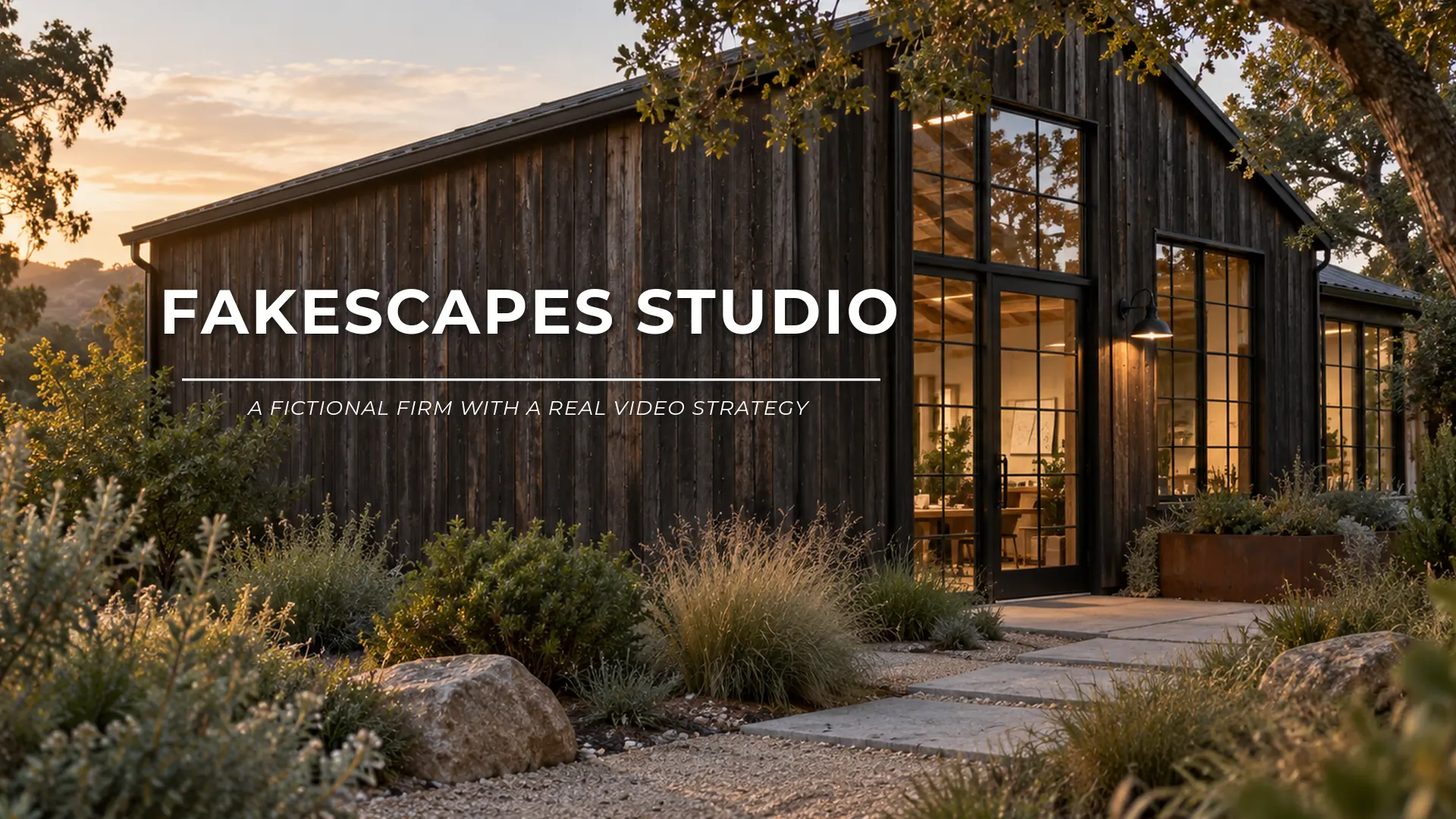 Sample 16 by 9 Brand Story frame for the fictional firm Fakescapes Studio